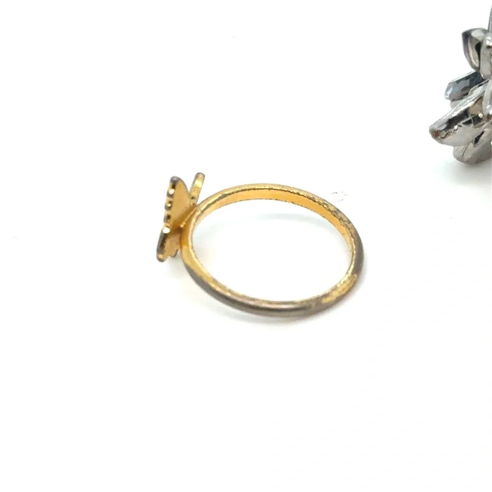 Silver‎ Crystal Floral Cocktail Ring and Gold Green Butterfly Stack Ring